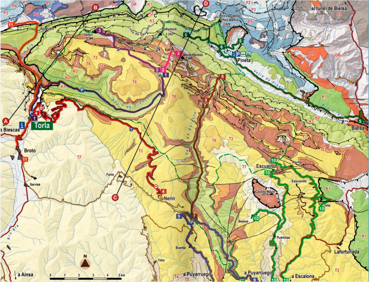 Mappa geologica del Parco Nazionale di Ordesa e Monte Perdido, Huesca, Spagna.